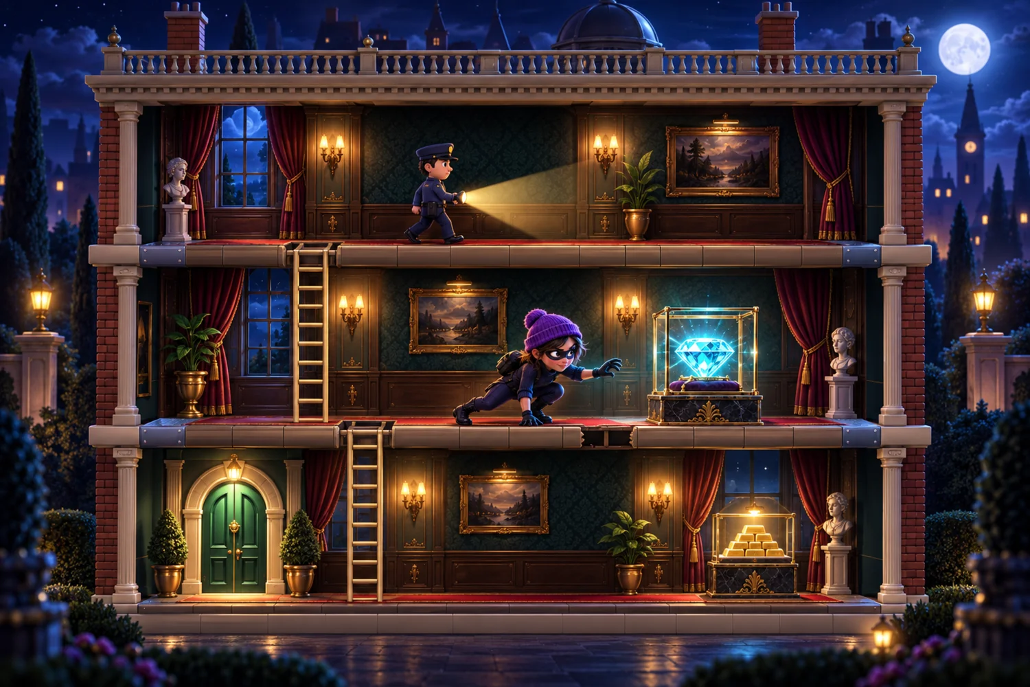 The LootWink thief sneaks toward a diamond in a mansion with guards and connecting ladders