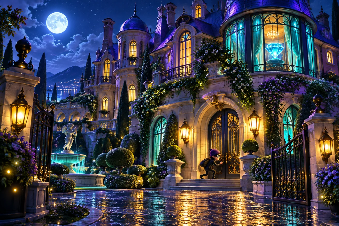 A moonlit manor with a luminous cyan diamond